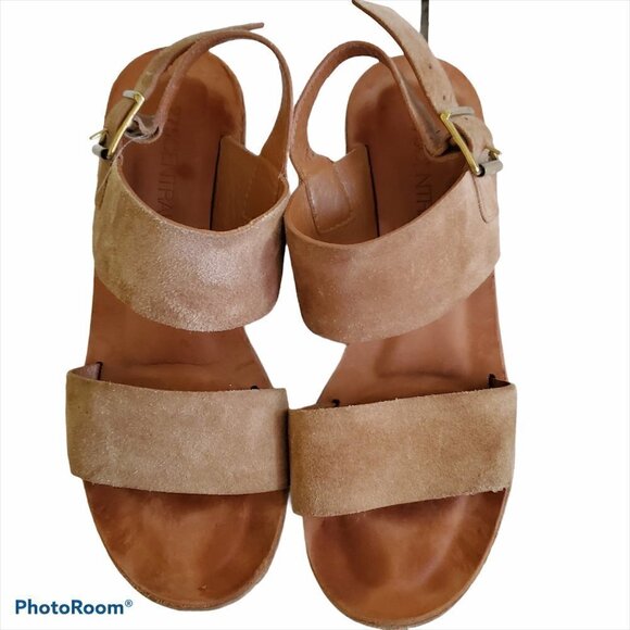 275‎ Central Womens Deni Suede Wedge Sandals Tan Brown 6 Made In Italy - Picture 2 of 10